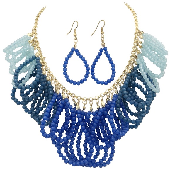 Blue Ombré Bead Loop Chunky Necklace Earrings Set - Picture 1 of 3